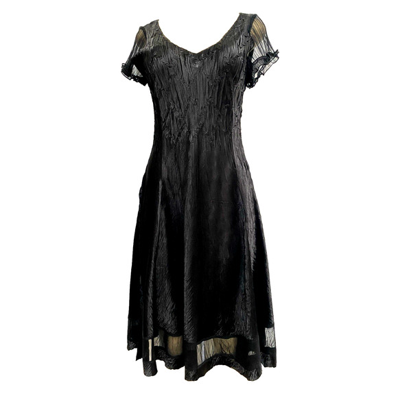 Komarov Dress Midi Black Short Sheer Sleeve Fit Flare Satin V Neck Solid L - Picture 1 of 8